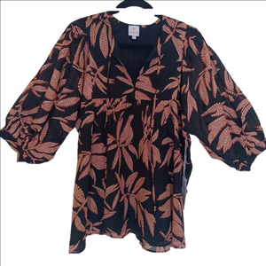j. marie Talia Puff Sleeve Tunic Size XL Top‎ Black & Tan Leaf Pattern